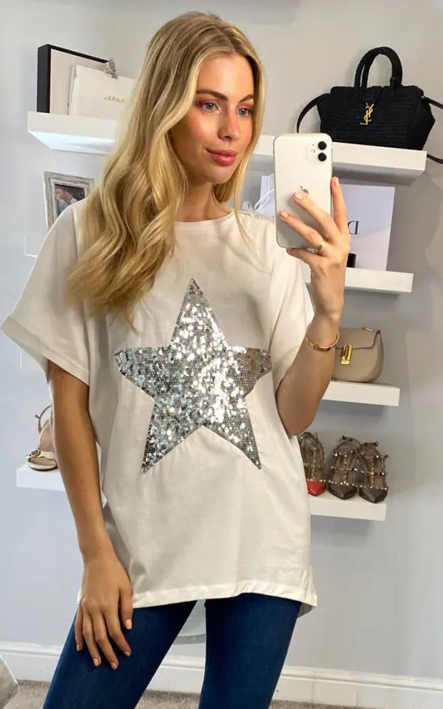 Tops * | Promo Hoxton Gal Oversized Star T Shirt In White