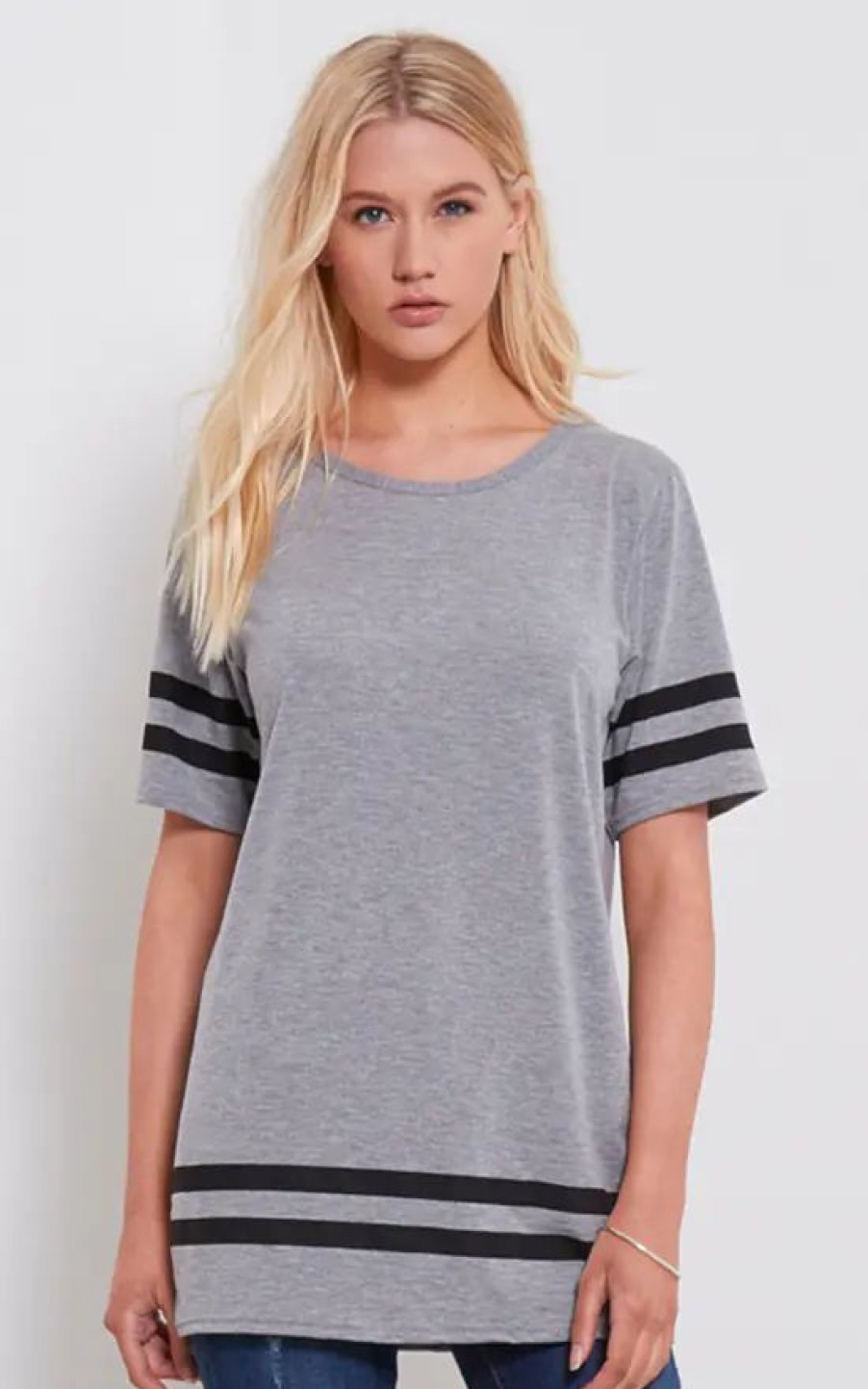 Tops * | Discount Oops Fashion Striped Sleeve Oversized T Shirt In Grey