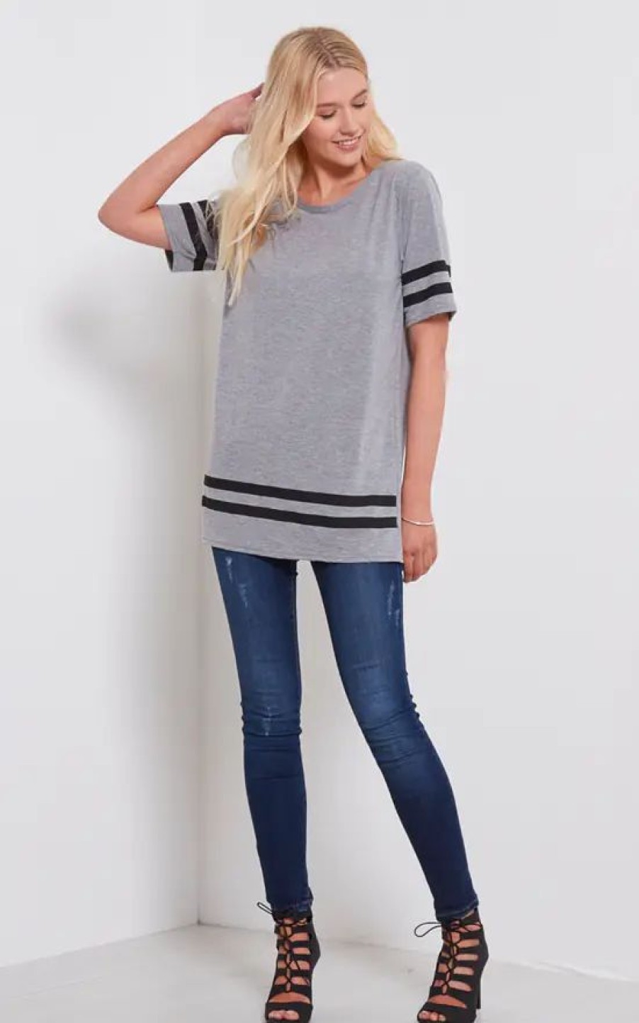 Tops * | Discount Oops Fashion Striped Sleeve Oversized T Shirt In Grey