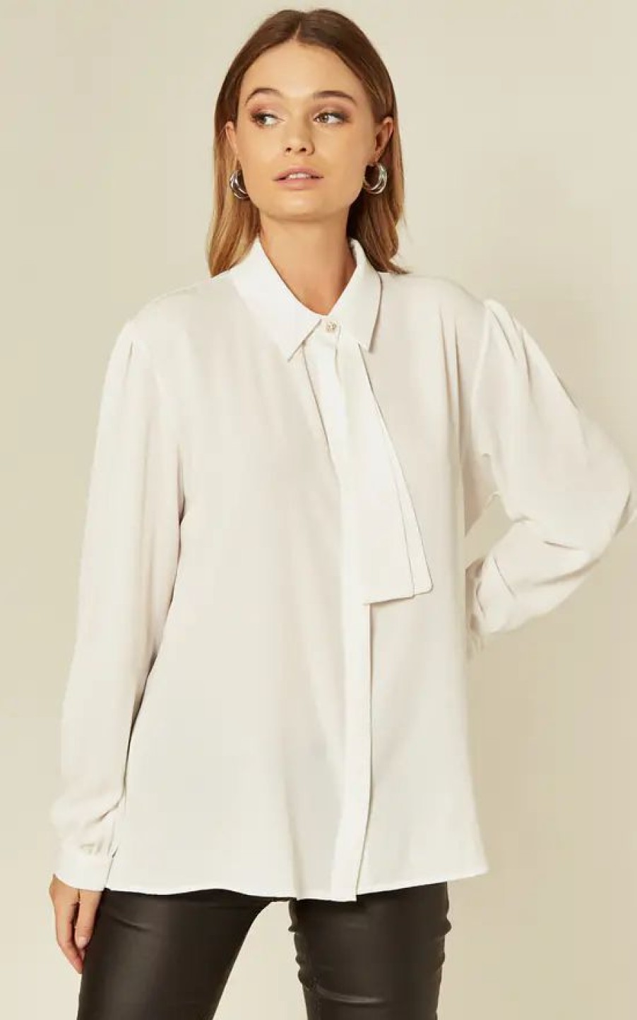 Tops * | Hot Sale Hoxton Gal White Tie Neck Oversize Shirt