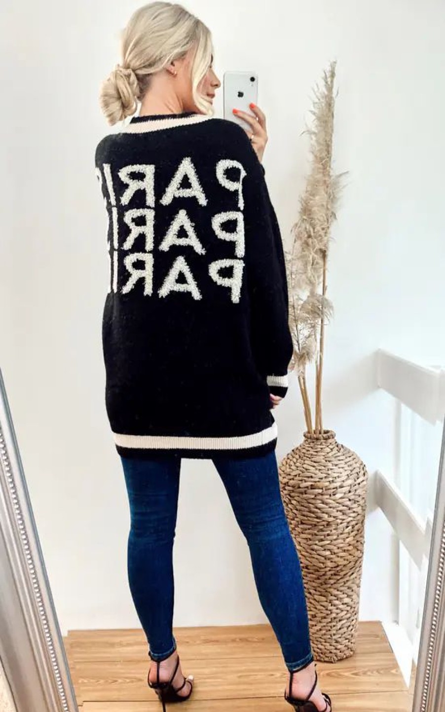 Knitwear * | Flash Sale Cy Boutique Oversized Paris Embroidered Cardigan In Black