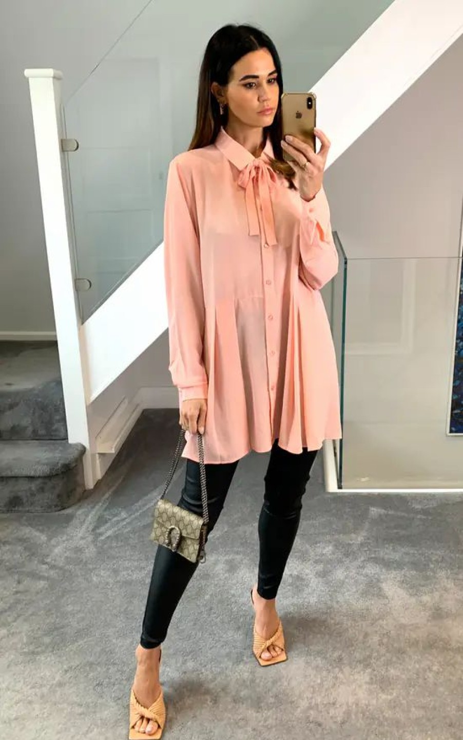 Tops * | Buy Hoxton Gal Oversized Tie Neck Pleated Shirt In Pink