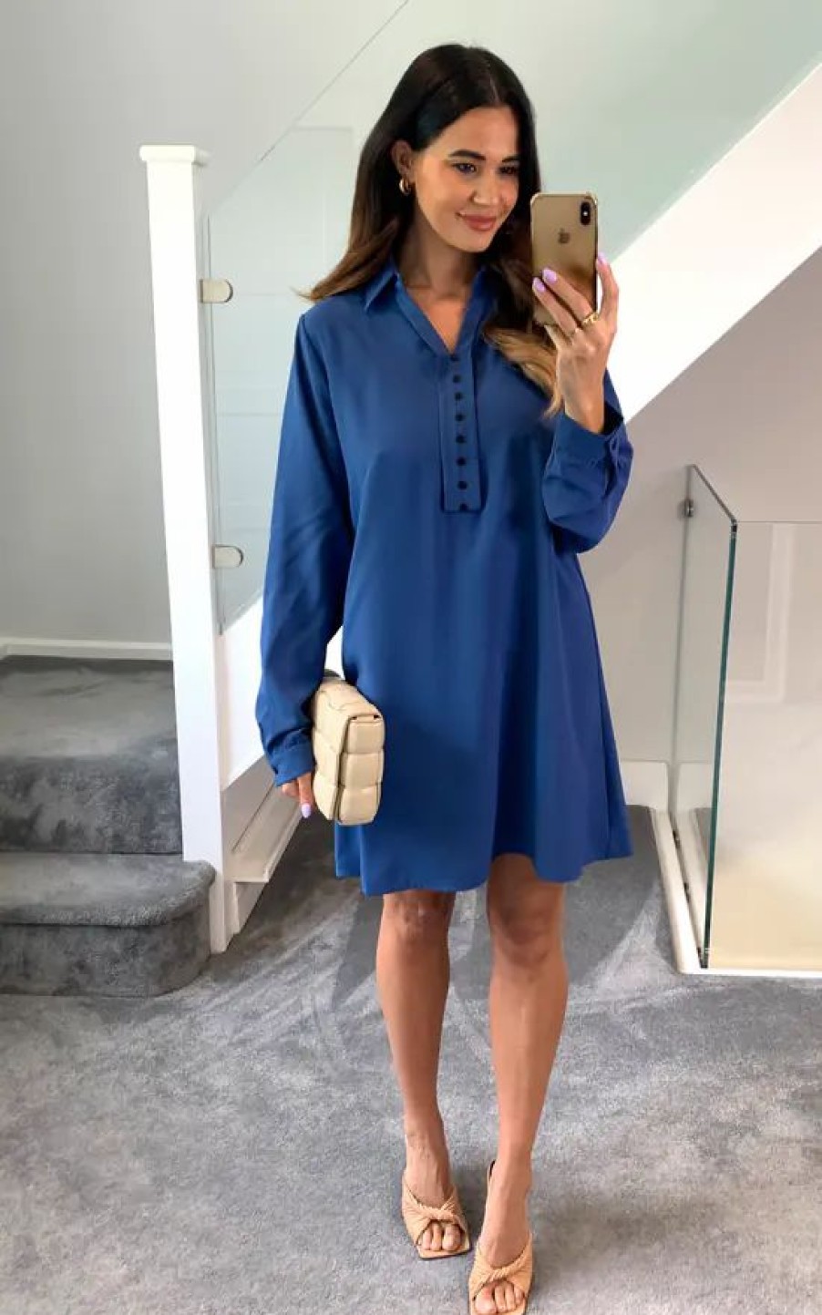 Tops * | Cheap Hoxton Gal Oversized Tunic Shirt With Button Details In Indigo