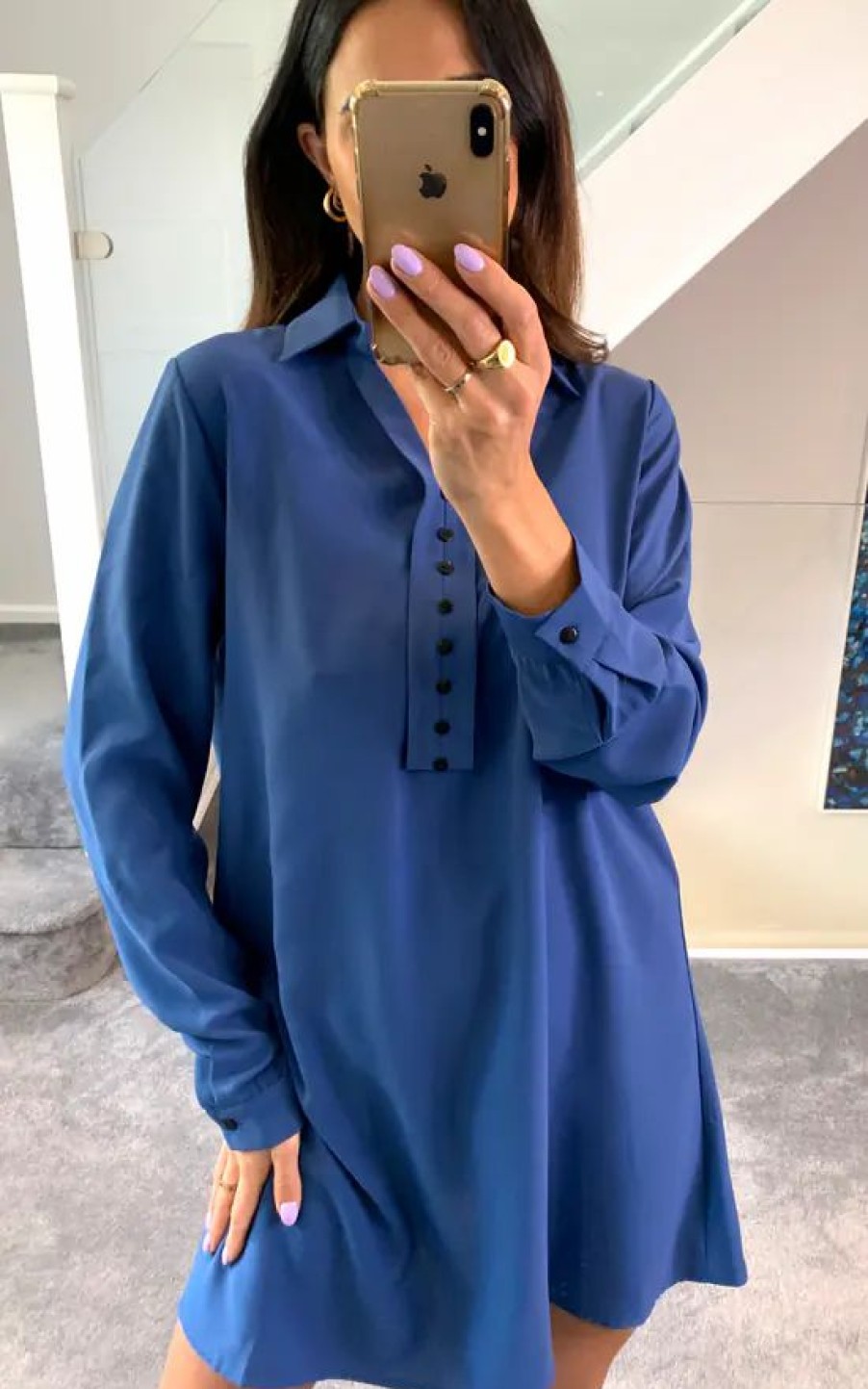 Tops * | Cheap Hoxton Gal Oversized Tunic Shirt With Button Details In Indigo