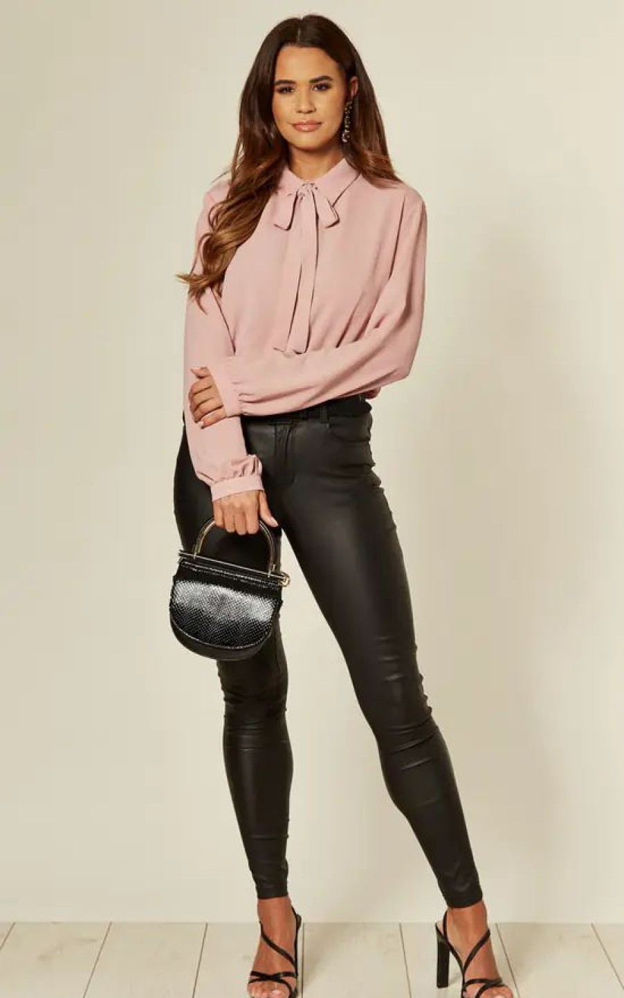 Tops * | Wholesale Hoxton Gal Pink Tie Neck Oversized Crepe Top