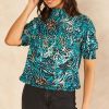 Tops * | Deals Jenerique High Neck T Shirt In Multicolour Green Print