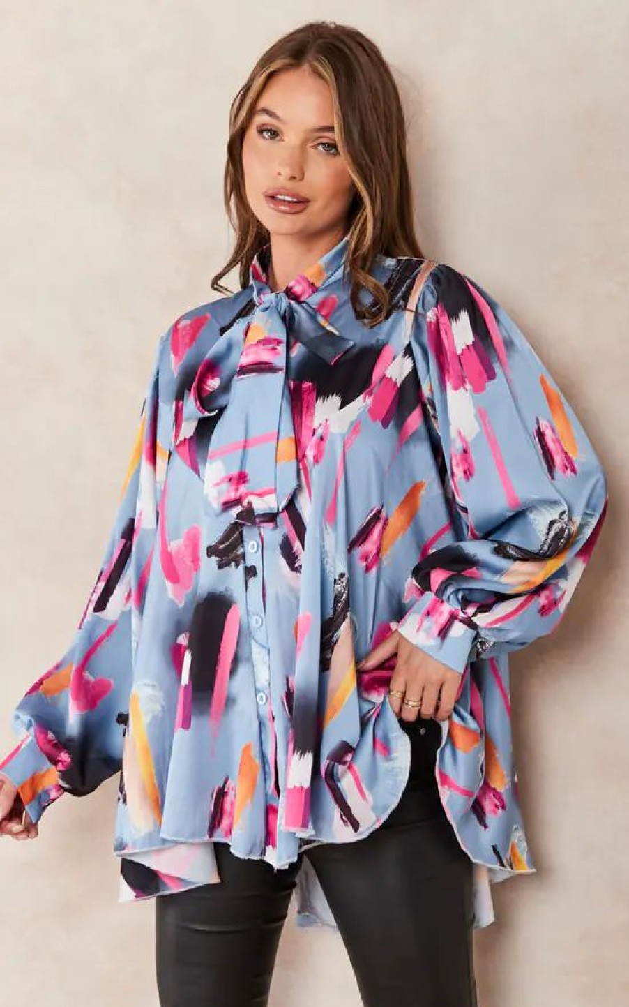 Tops * | Best Sale Jenerique Oversize Bowl Neck Blouse In Blue/Pink Print