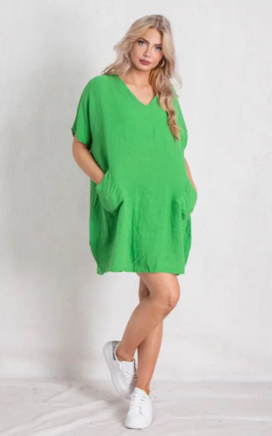 Dresses * | Buy Boutique Store Green Linen Short Sleeve Mini Dress