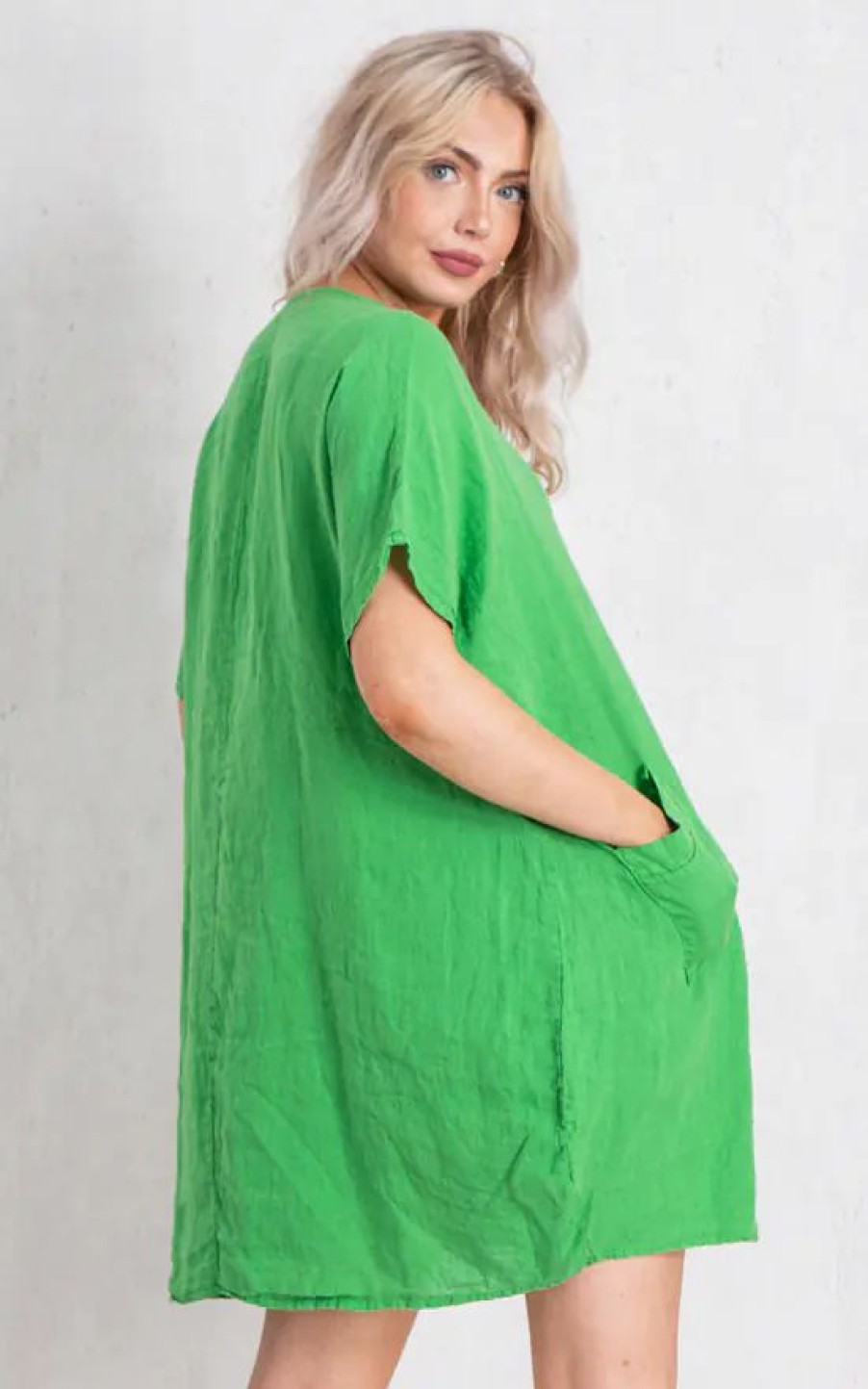 Dresses * | Buy Boutique Store Green Linen Short Sleeve Mini Dress