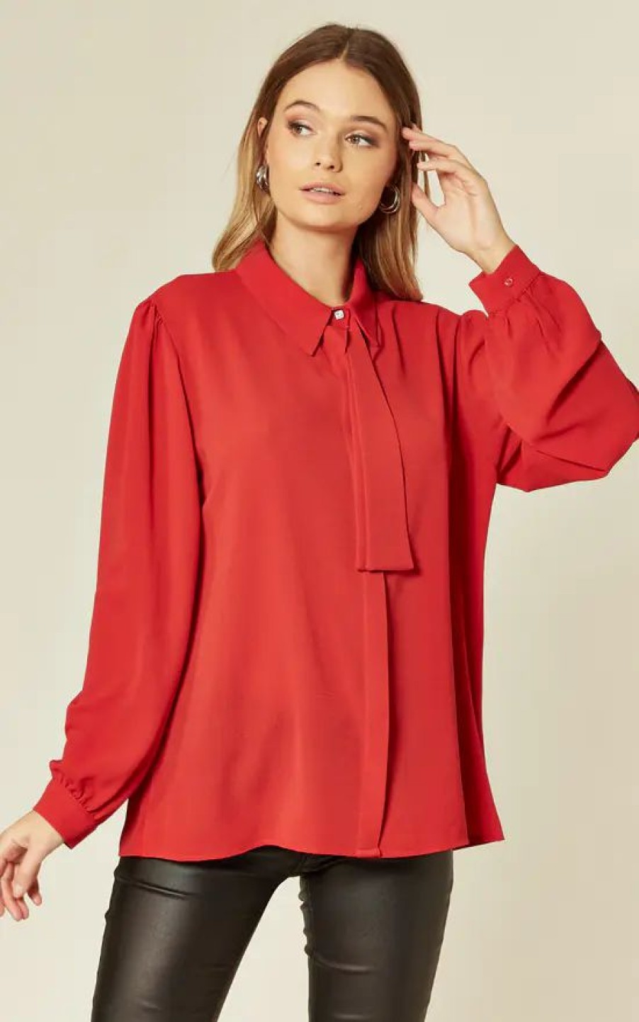 Tops * | Promo Hoxton Gal Red Tie Neck Oversize Shirt