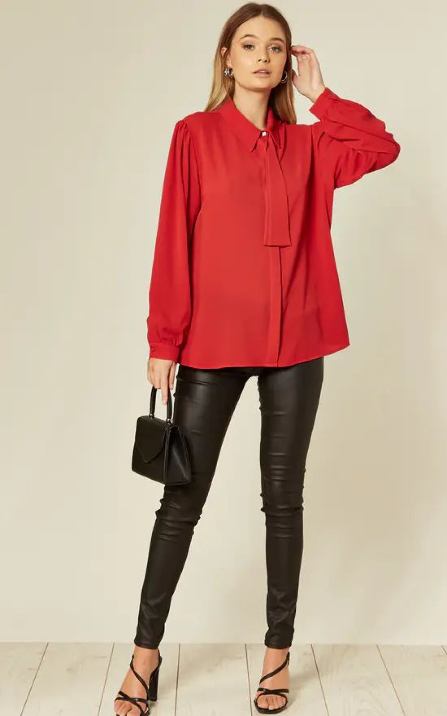 Tops * | Promo Hoxton Gal Red Tie Neck Oversize Shirt