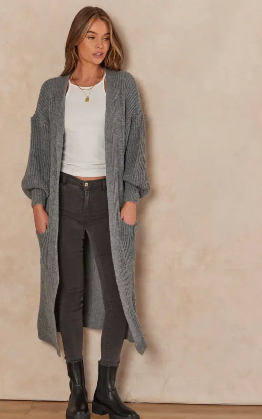 Knitwear * | Outlet Gini London Dark Grey Long Knitted Cardigan