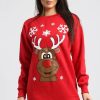 Dresses * | Wholesale Oops Fashion Jumper Dress In Red Long Sleeve Reindeer Print