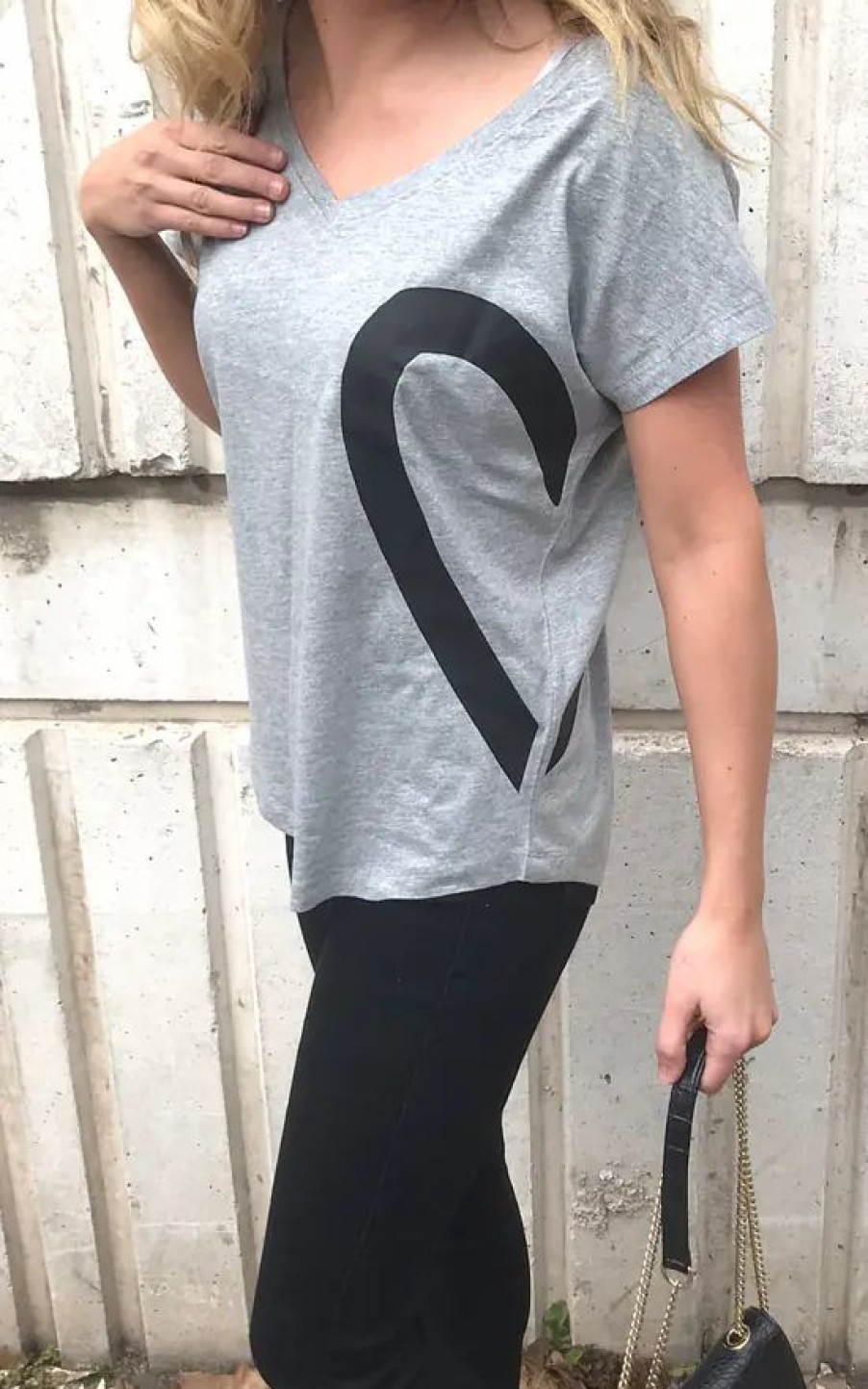 Tops * | Promo Save The People V Neck Lose Fit Oversized T Shirt Top In Grey With Heart Graphic