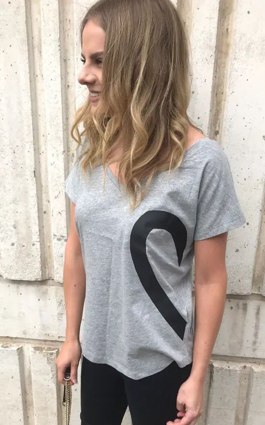 Tops * | Promo Save The People V Neck Lose Fit Oversized T Shirt Top In Grey With Heart Graphic