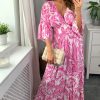 Dresses * | Flash Sale Hoxton Gal Oversized V Neck Detailed Floral Print Maxi Dress In Pink And White