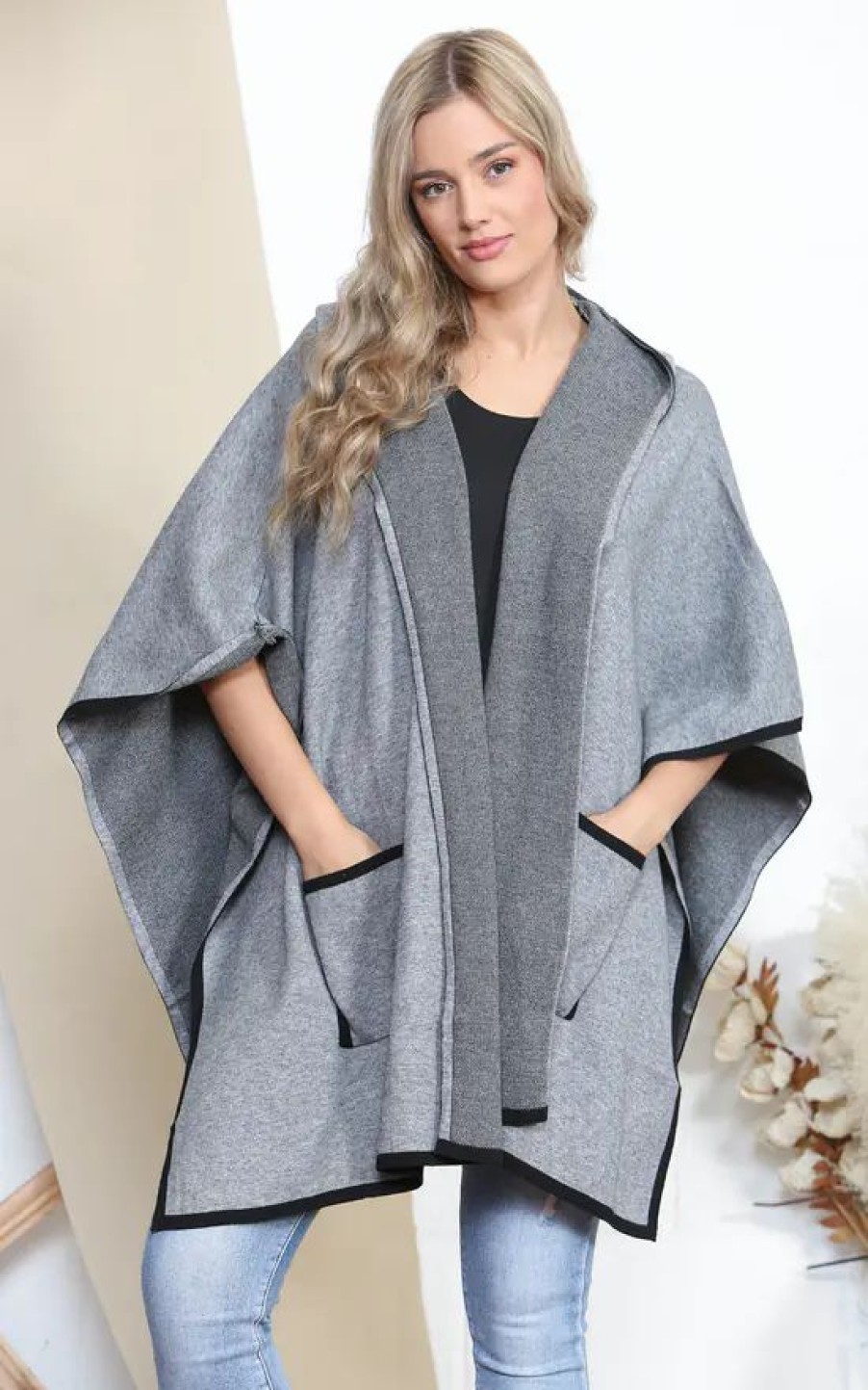 Knitwear * | Brand New Lucy Sparks Grey Smart Hooded Cape With Pockets