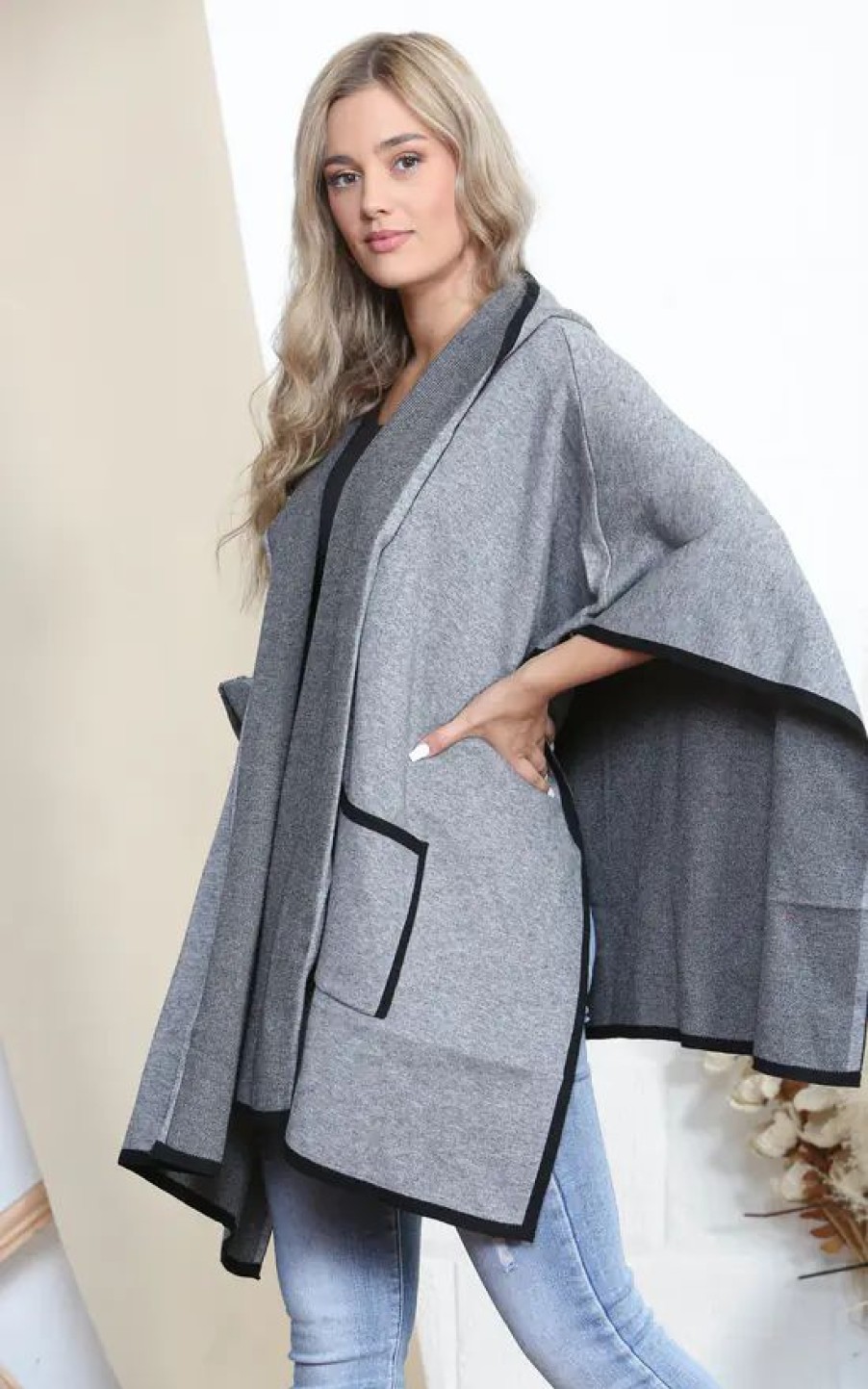 Knitwear * | Brand New Lucy Sparks Grey Smart Hooded Cape With Pockets