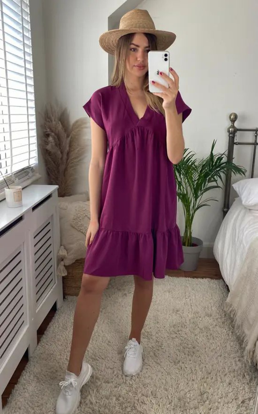 Dresses * | Wholesale Gini London Wine V Neck Tiered Mini Smock Dress