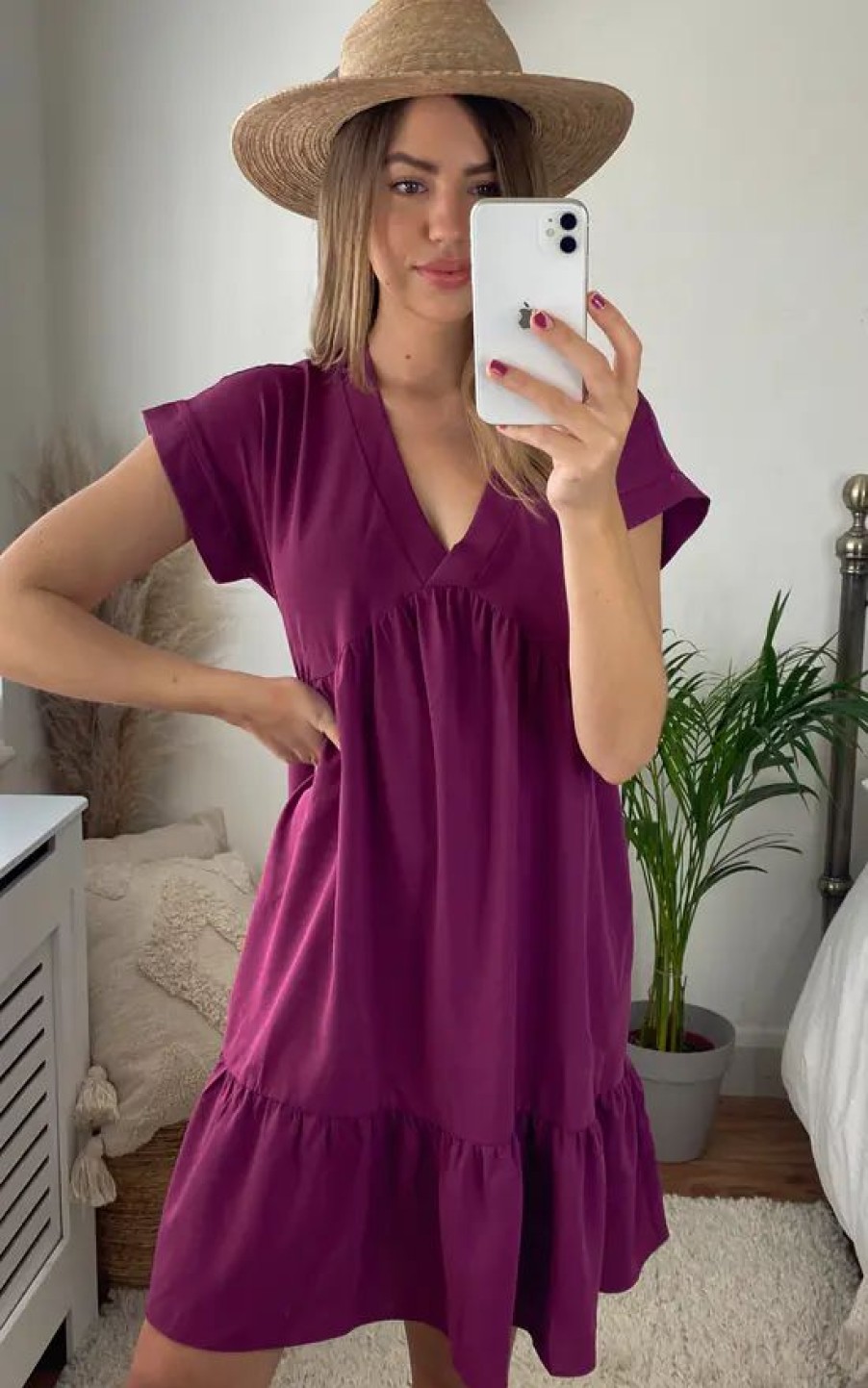 Dresses * | Wholesale Gini London Wine V Neck Tiered Mini Smock Dress