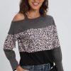 Tops * | Wholesale Fs Collection Leopard Print Cold Shoulder Grey Colour Block Relaxed Top In Black