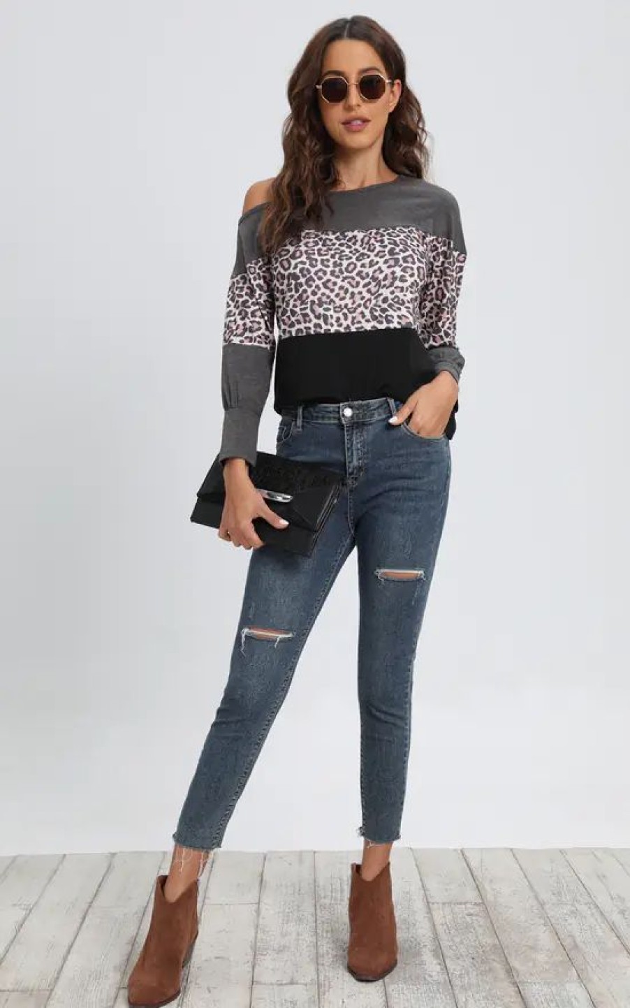 Tops * | Wholesale Fs Collection Leopard Print Cold Shoulder Grey Colour Block Relaxed Top In Black