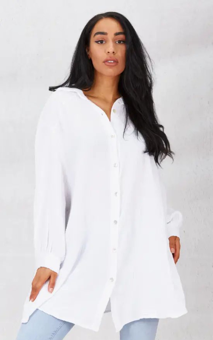 Dresses * | Hot Sale Boutique Store White Cheesecloth Shirt Dress