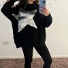 Dresses * | Discount Pinstripe Star Sequin Oversized Fleece Jumper In Black