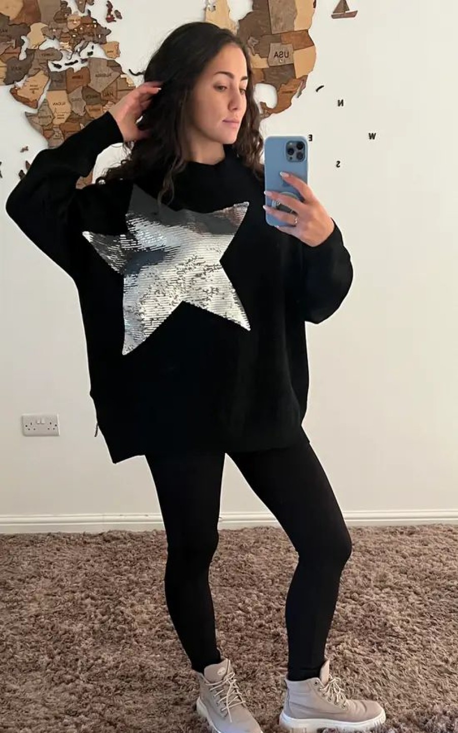 Dresses * | Discount Pinstripe Star Sequin Oversized Fleece Jumper In Black