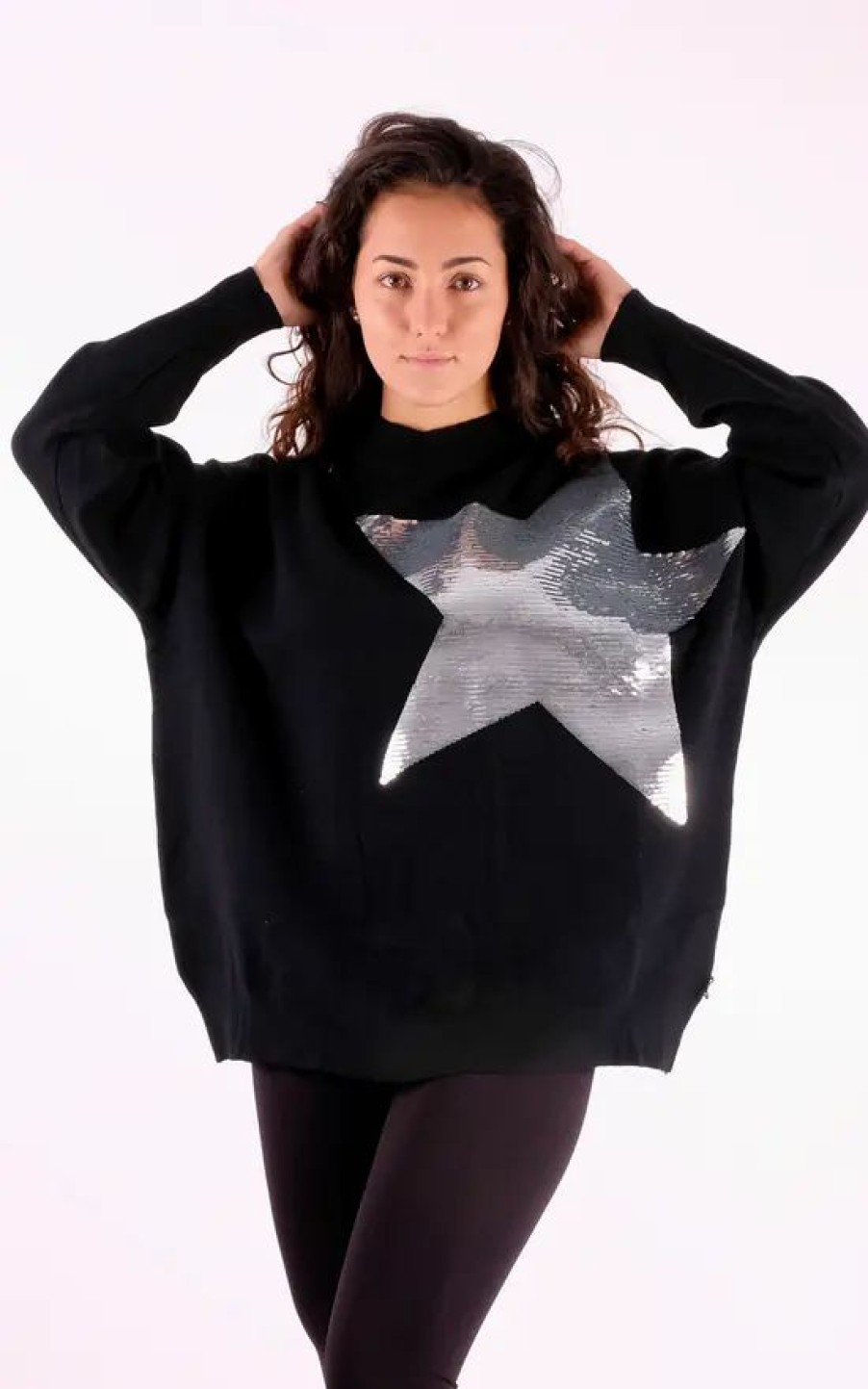 Dresses * | Discount Pinstripe Star Sequin Oversized Fleece Jumper In Black