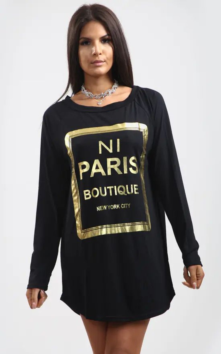 Tops * | Deals Oops Fashion Sammi Black Long Sleeve Top With Gold Foil Paris Slogan