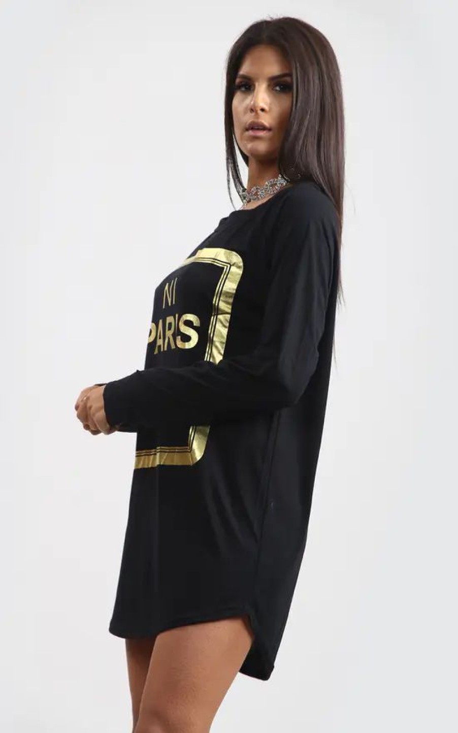 Tops * | Deals Oops Fashion Sammi Black Long Sleeve Top With Gold Foil Paris Slogan