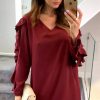 Dresses * | Cheap Hoxton Gal Oversized V Neck Ruffle Sleeves Tunic With Necklace In Burgundy