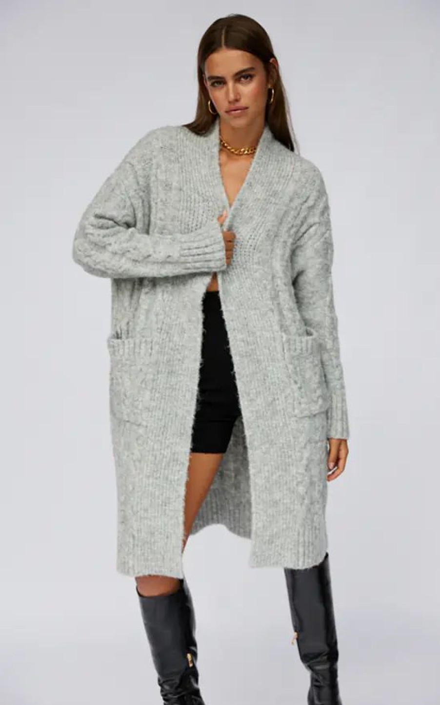 Knitwear * | Best Reviews Of Sndys Light Grey Cable Knit Cardigan