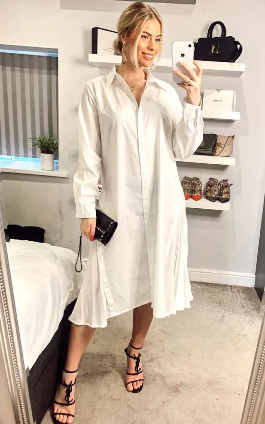 Dresses * | Cheapest Cy Boutique Cotton Shirt Dress With Pleated Chiffon Hem Design In White