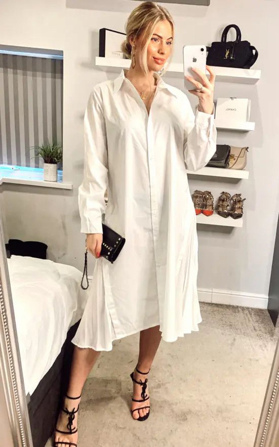 Dresses * | Cheapest Cy Boutique Cotton Shirt Dress With Pleated Chiffon Hem Design In White