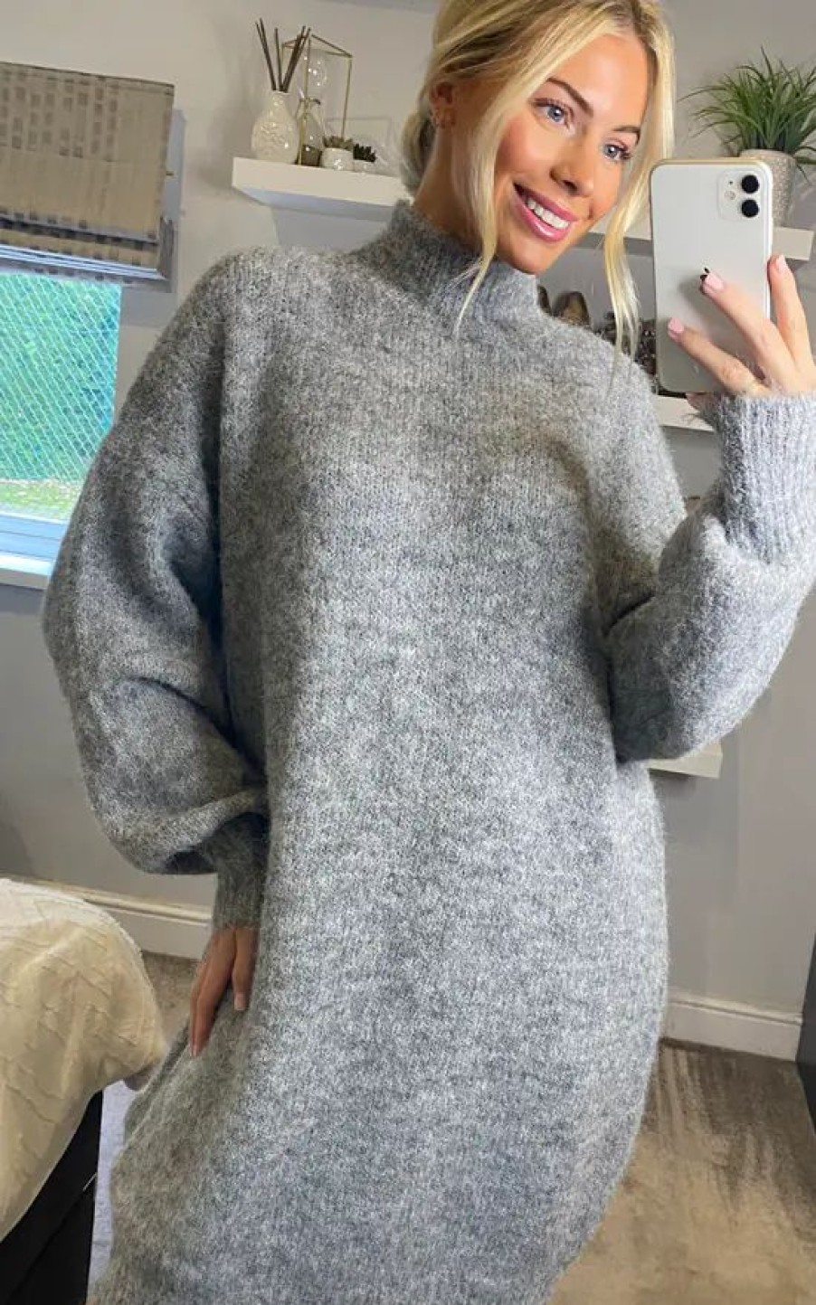 Dresses * | Cheap Cy Boutique Super Soft Fine Knit Plain Color Funnel Neck Long Jumper Dress In Grey