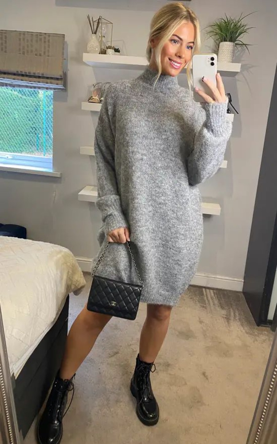 Dresses * | Cheap Cy Boutique Super Soft Fine Knit Plain Color Funnel Neck Long Jumper Dress In Grey