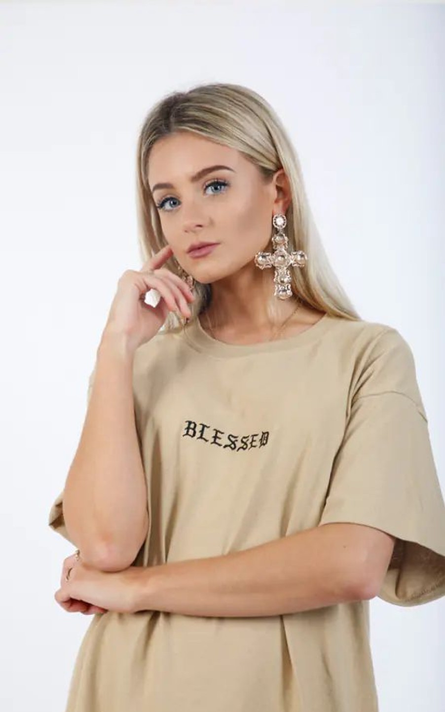 Tops * | Best Sale Pharaoh London Blessed Embroidered T Shirt Camel