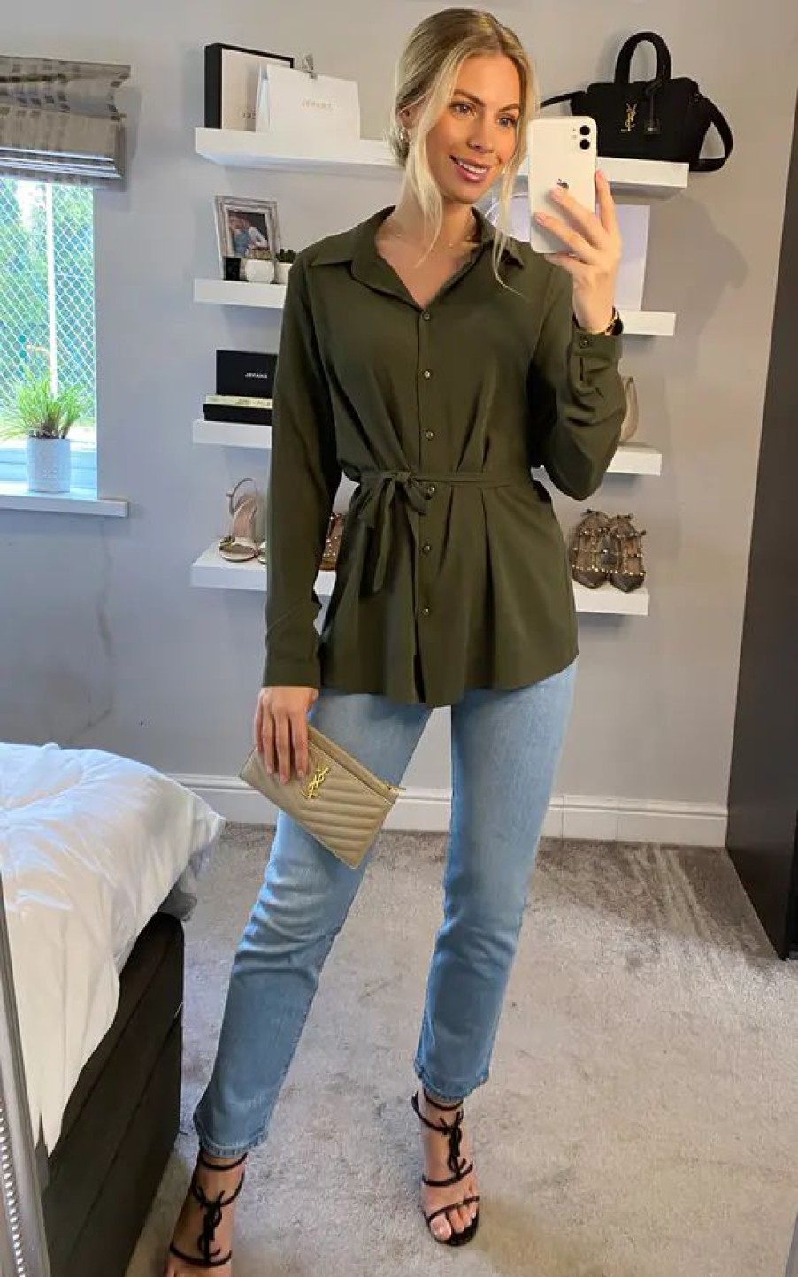 Tops * | Coupon Hoxton Gal Oversized Crepe Shirt With Belt In Khaki