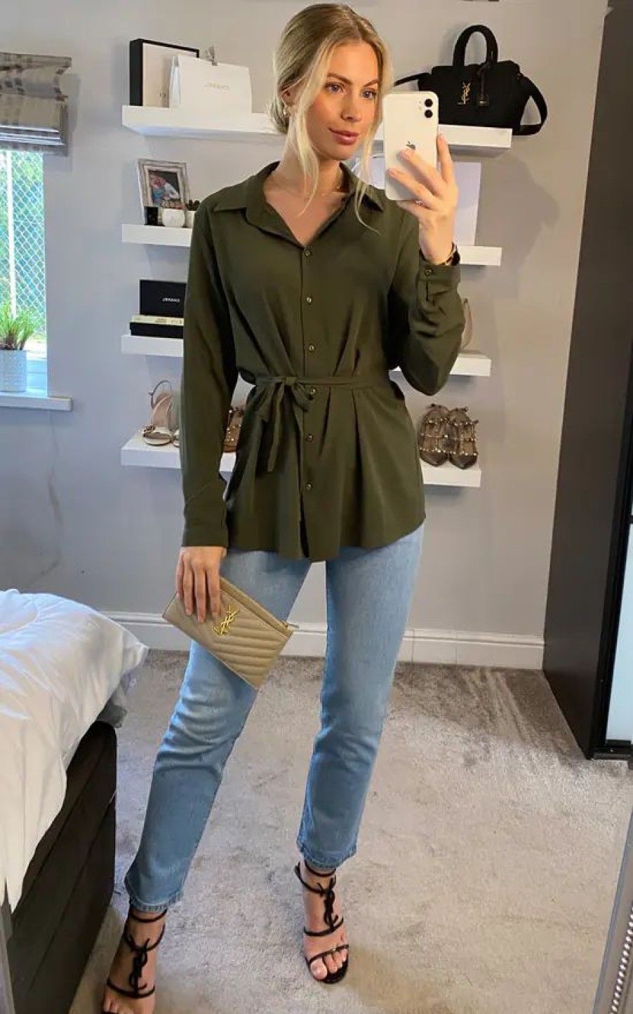 Tops * | Coupon Hoxton Gal Oversized Crepe Shirt With Belt In Khaki