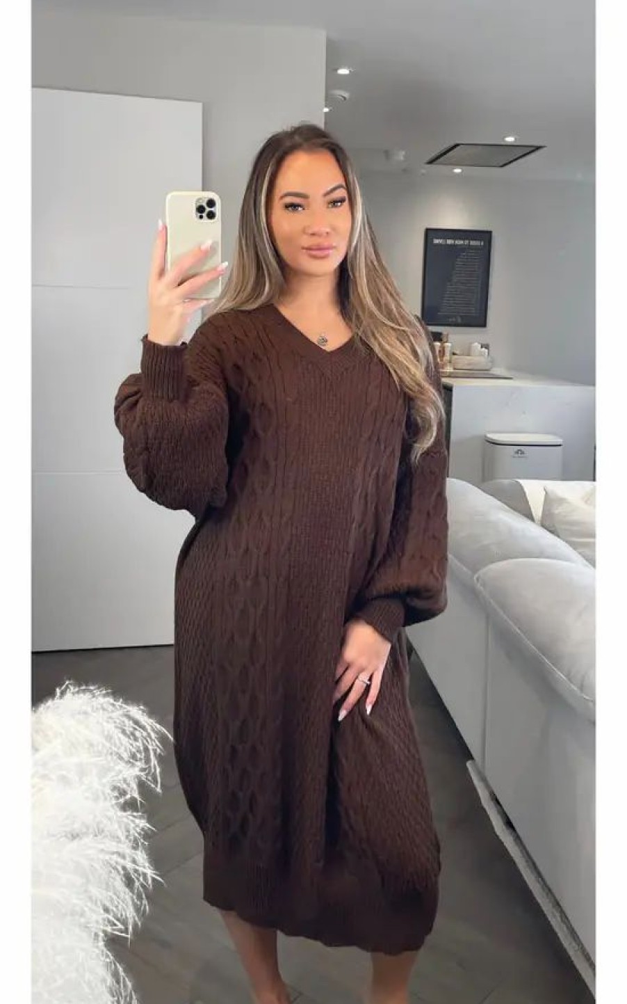 Dresses * | Deals De La Creme Fashions V Neck Maxi Knitted Jumper Dress In Brown