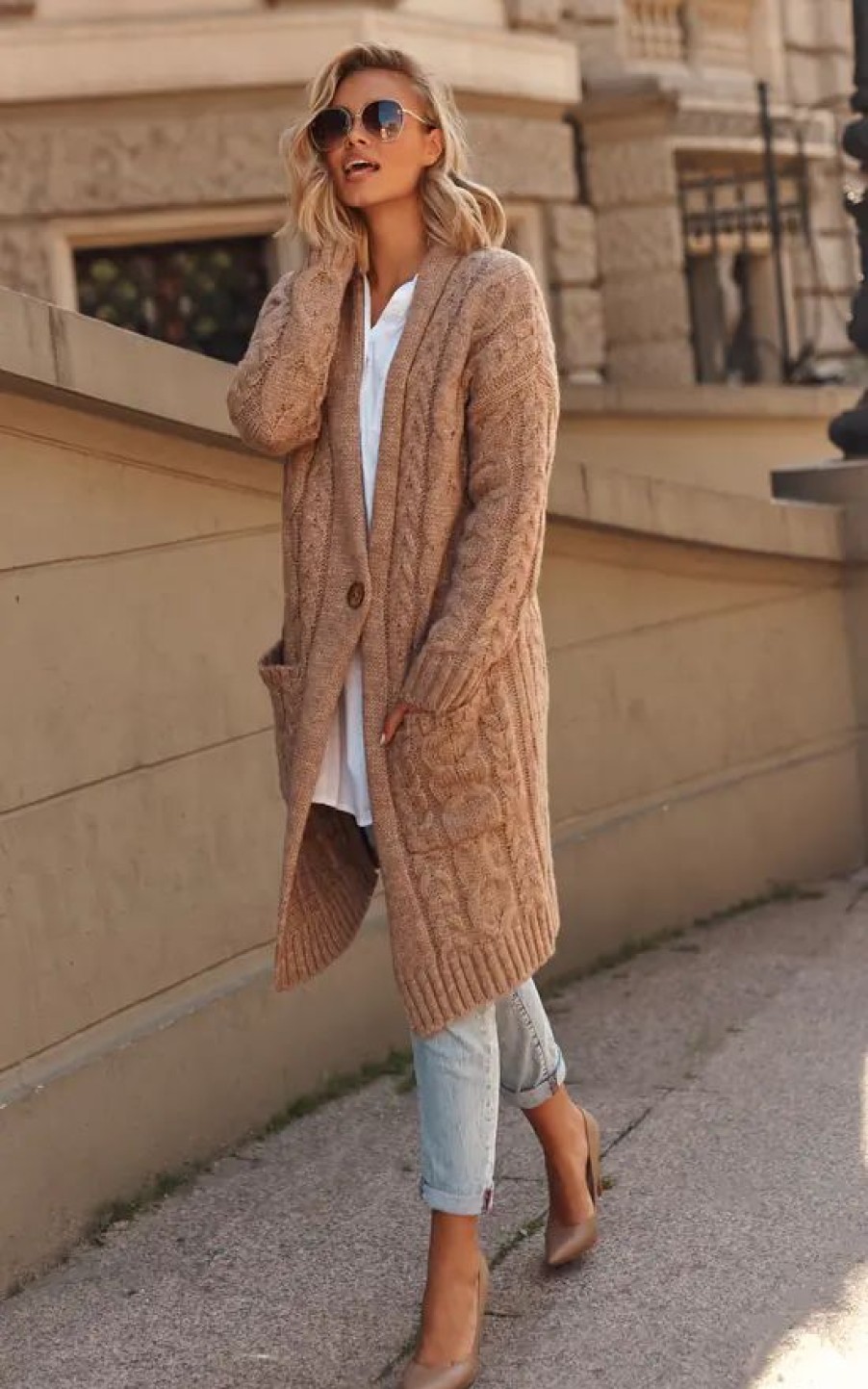 Knitwear * | Brand New Makadamia Light Brown Cardigan In Braids