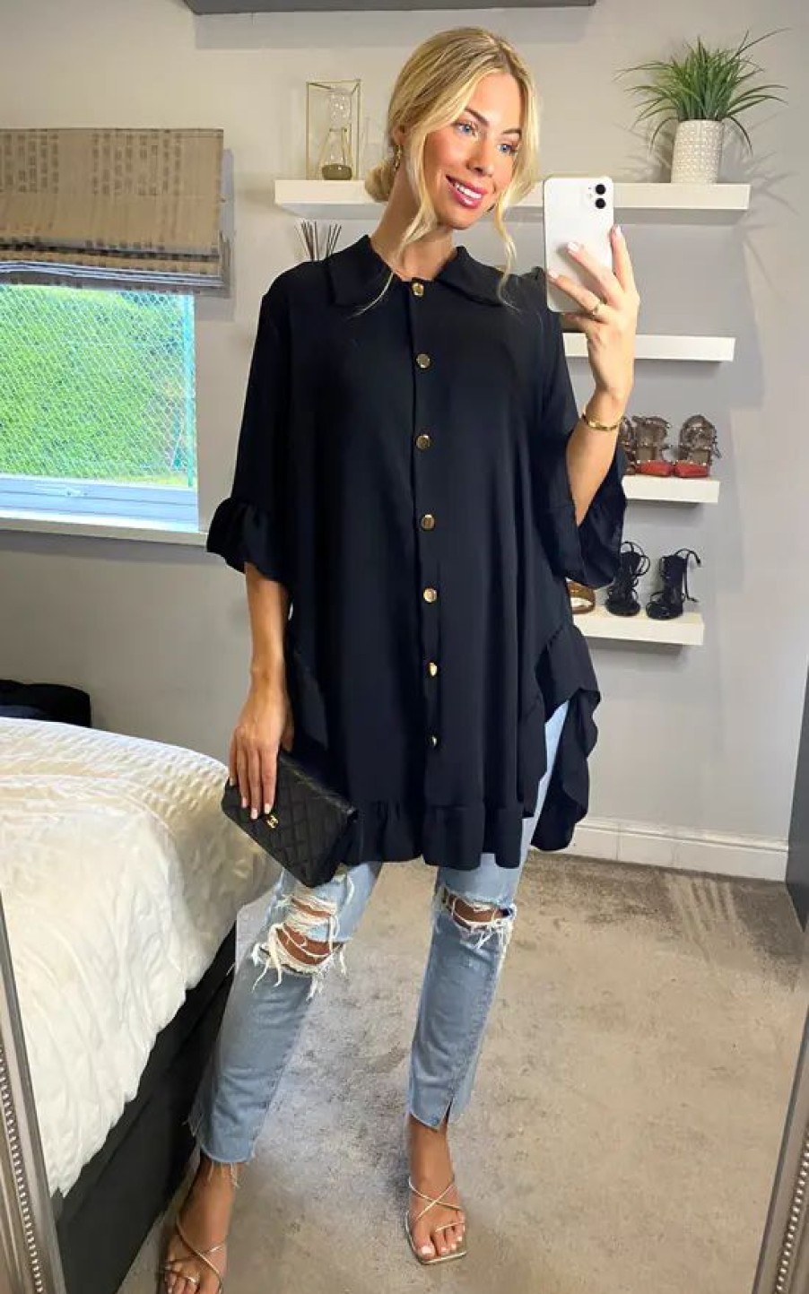 Tops * | Hot Sale Hoxton Gal Ruffle Detailed 3/4 Sleeves Tunic Shirt In Black