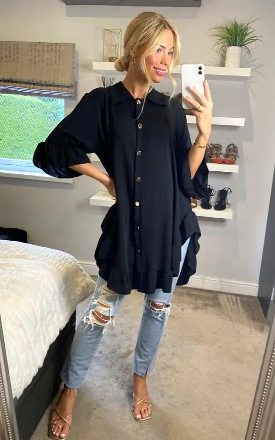 Tops * | Hot Sale Hoxton Gal Ruffle Detailed 3/4 Sleeves Tunic Shirt In Black