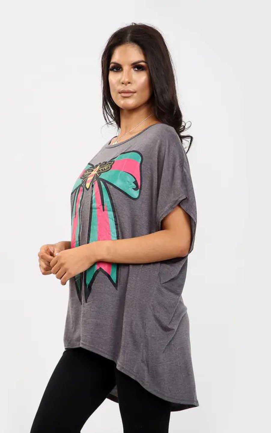 Tops * | Wholesale Oops Fashion Charcoal Batwing Oversized Tshirt With Graphic Print Bow