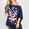 Tops * | Wholesale Oops Fashion Navy T Shirt In Reindeer Christmas Print