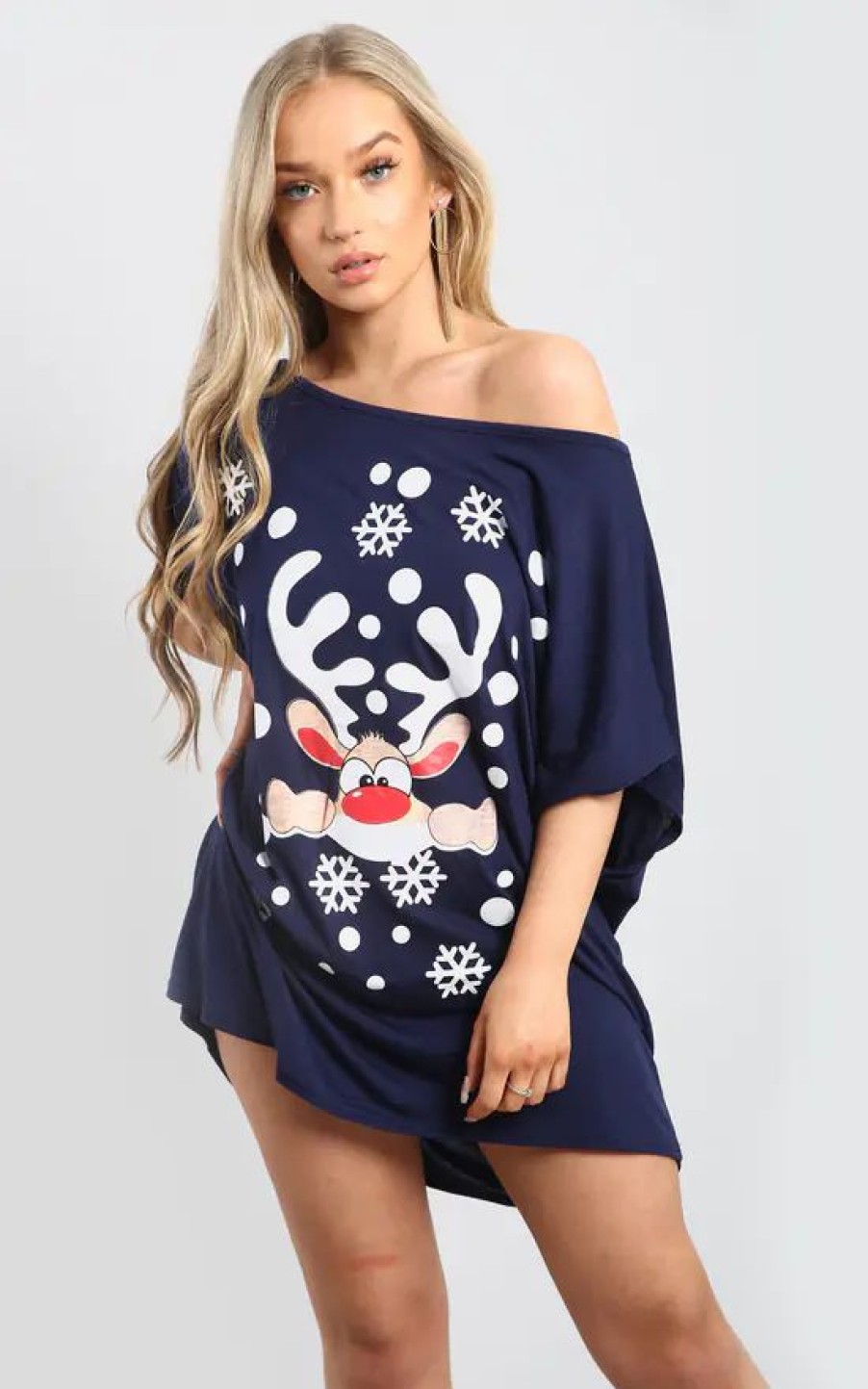 Tops * | Wholesale Oops Fashion Navy T Shirt In Reindeer Christmas Print