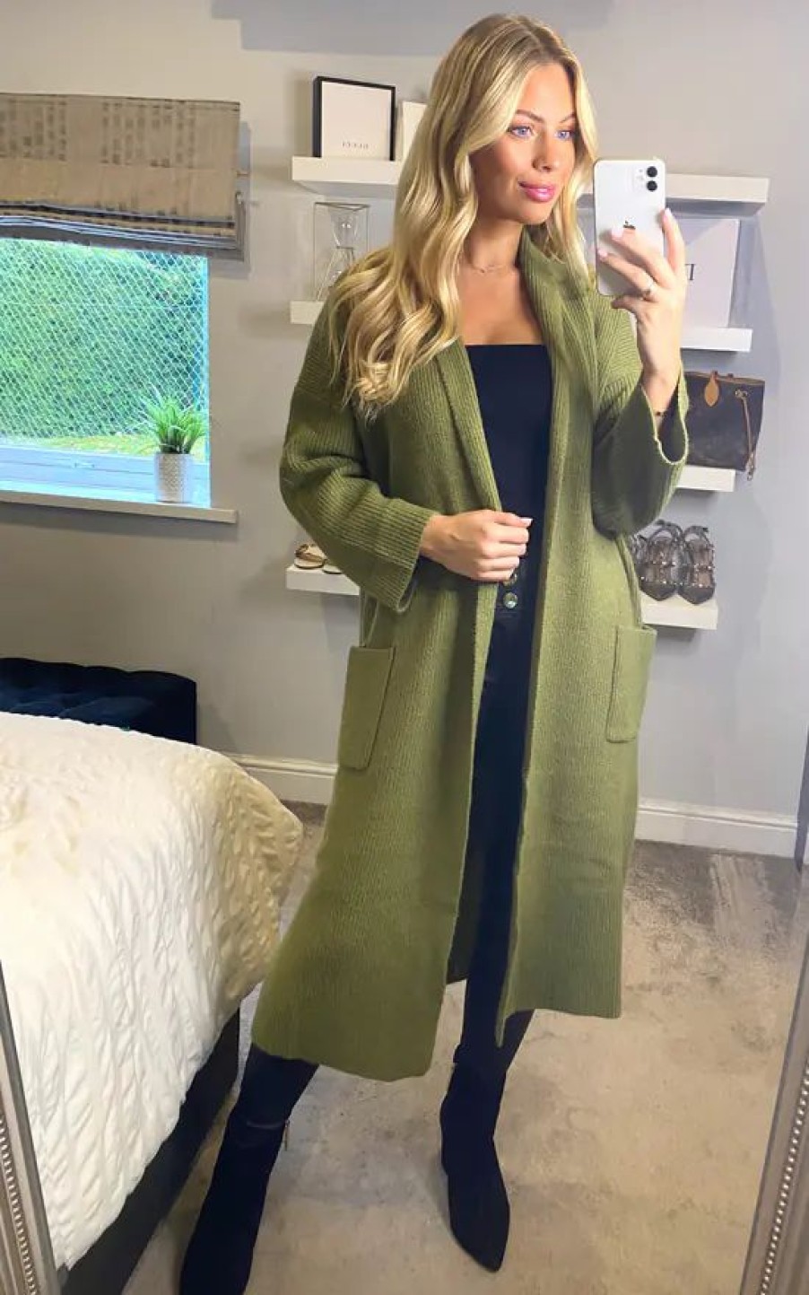 Knitwear * | Hot Sale Yumi Green Knitted Maxi Cardigan With Pockets