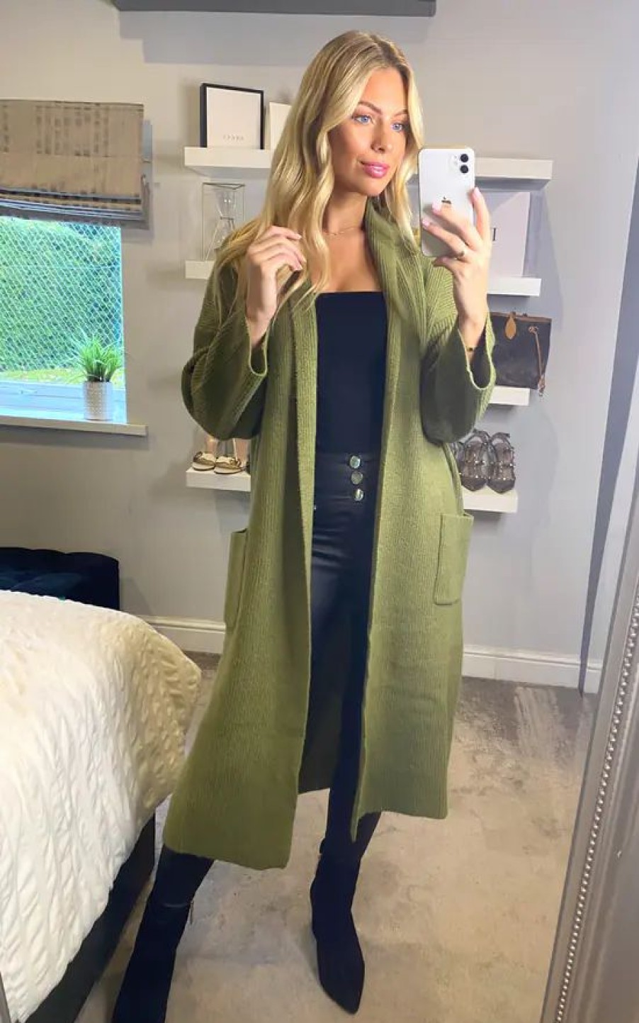 Knitwear * | Hot Sale Yumi Green Knitted Maxi Cardigan With Pockets